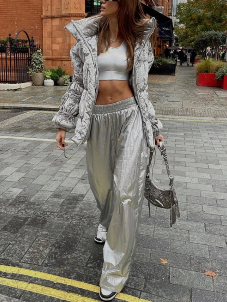 Pantalones de PU plateados para mujer, otoño invierno, cintura alta, informales, holgados, de pierna ancha, para fiesta, club, moda urbana, 2025