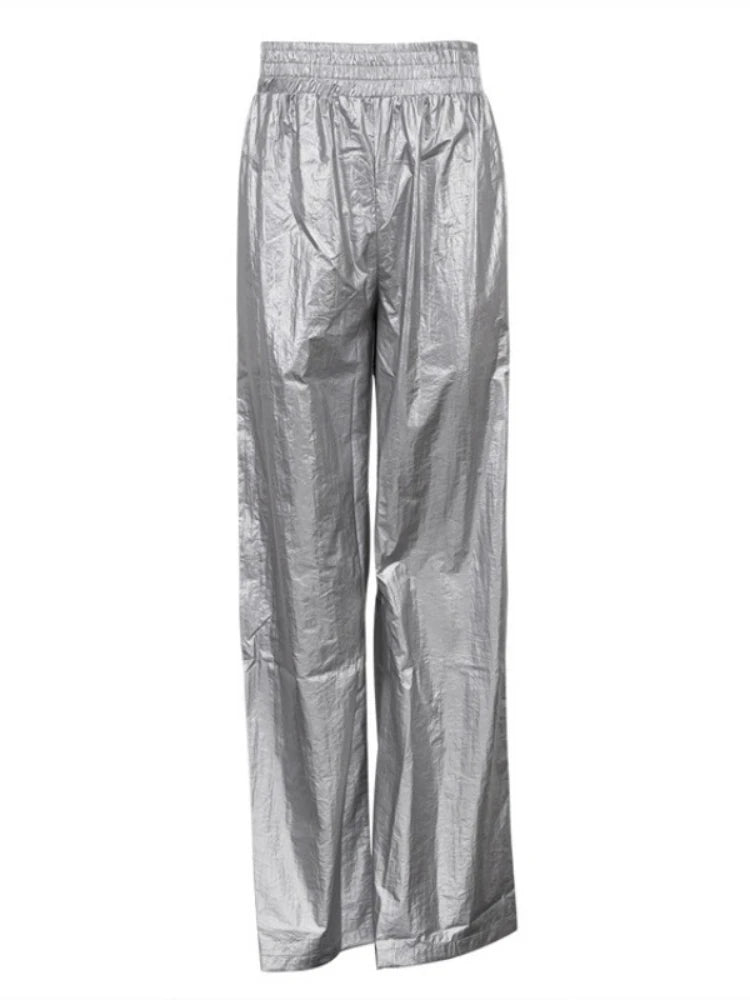 Pantalones de PU plateados para mujer, otoño invierno, cintura alta, informales, holgados, de pierna ancha, para fiesta, club, moda urbana, 2025