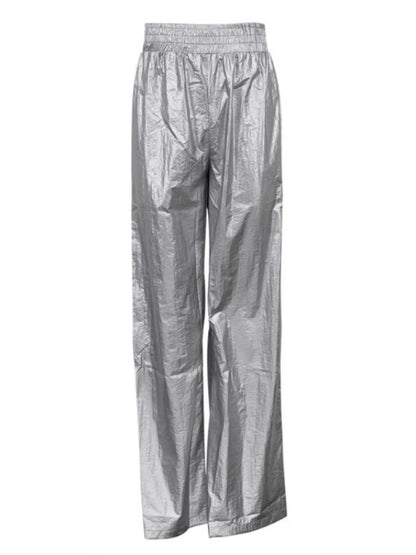 Pantalones de PU plateados para mujer, otoño invierno, cintura alta, informales, holgados, de pierna ancha, para fiesta, club, moda urbana, 2025