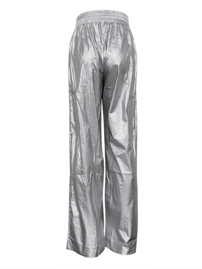 Pantalones de PU plateados para mujer, otoño invierno, cintura alta, informales, holgados, de pierna ancha, para fiesta, club, moda urbana, 2025
