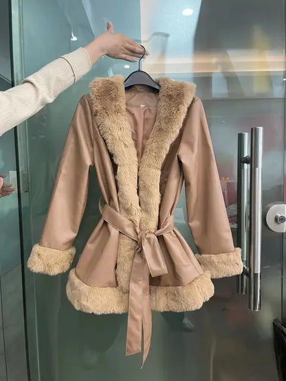 Abrigo de piel sintética con cuello de piel para mujer, abrigo ajustado de manga larga con cordones, chaqueta elegante de calle para invierno, ropa de mujer