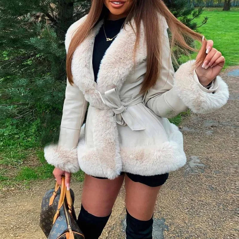 Abrigo de piel sintética con cuello de piel para mujer, abrigo ajustado de manga larga con cordones, chaqueta elegante de calle para invierno, ropa de mujer