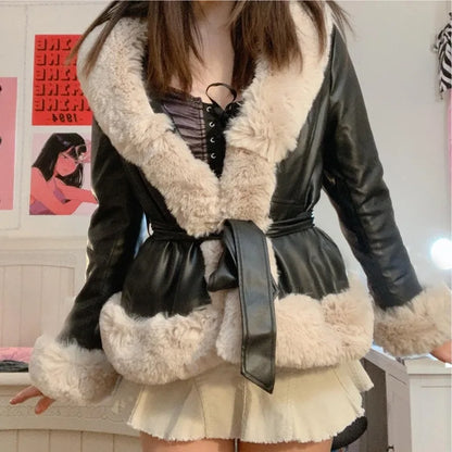 Abrigo de piel sintética con cuello de piel para mujer, abrigo ajustado de manga larga con cordones, chaqueta elegante de calle para invierno, ropa de mujer