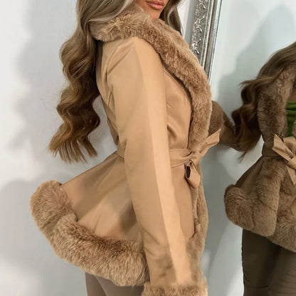 Abrigo de piel sintética con cuello de piel para mujer, abrigo ajustado de manga larga con cordones, chaqueta elegante de calle para invierno, ropa de mujer