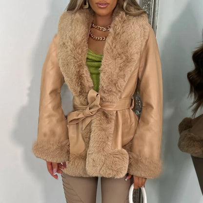 Abrigo de piel sintética con cuello de piel para mujer, abrigo ajustado de manga larga con cordones, chaqueta elegante de calle para invierno, ropa de mujer