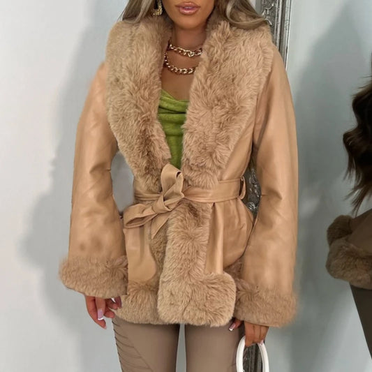 Abrigo de piel sintética con cuello de piel para mujer, abrigo ajustado de manga larga con cordones, chaqueta elegante de calle para invierno, ropa de mujer