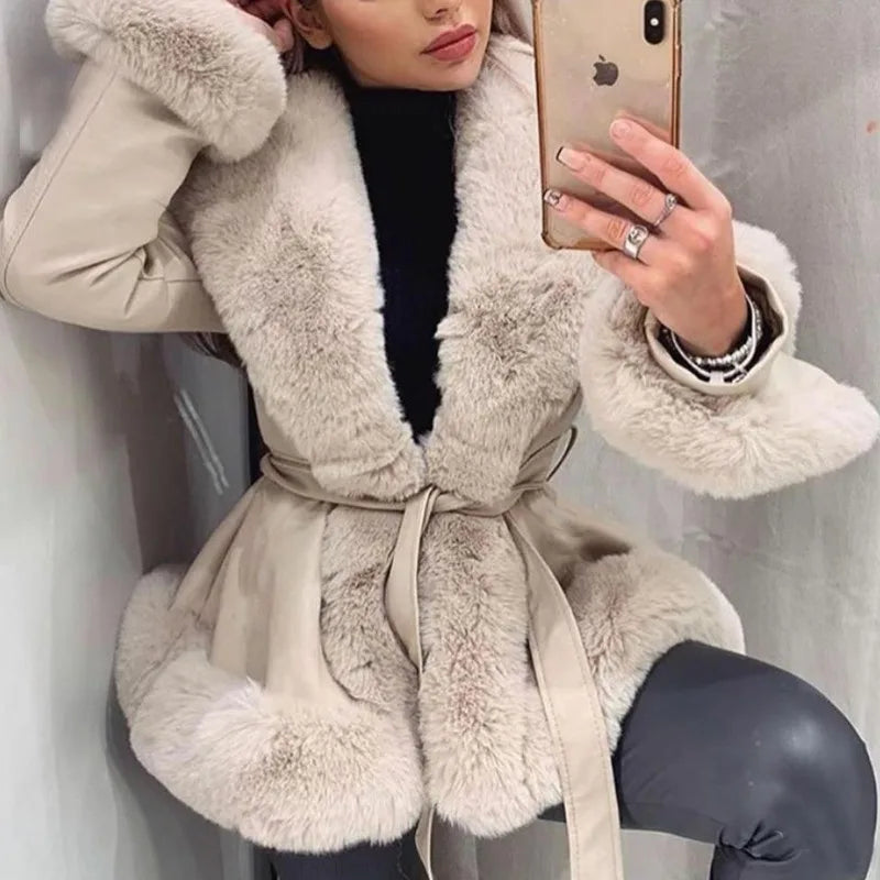 Abrigo de piel sintética con cuello de piel para mujer, abrigo ajustado de manga larga con cordones, chaqueta elegante de calle para invierno, ropa de mujer