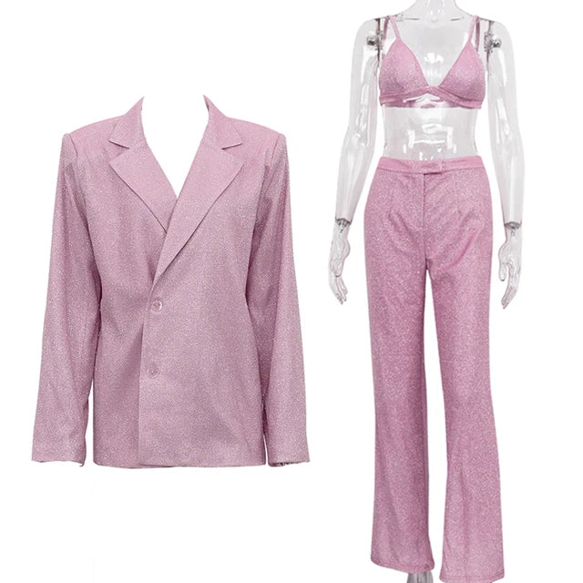 Conjunto de blazer de tres piezas con purpurina plateada para mujer, ropa de club de moda, sujetador y pantalón brillantes, conjunto de 2 piezas a juego, nuevo