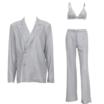 Conjunto de blazer de tres piezas con purpurina plateada para mujer, ropa de club de moda, sujetador y pantalón brillantes, conjunto de 2 piezas a juego, nuevo