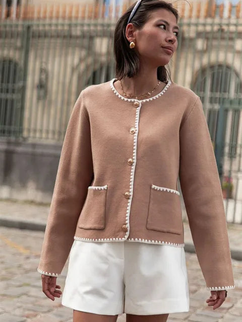 Cárdigan de punto de retazos para mujer, elegante abrigo de otoño para mujer, cuello redondo, manga larga, chaqueta de calle cálida para invierno para mujer, novedad de 2025