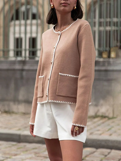 Cárdigan de punto de retazos para mujer, elegante abrigo de otoño para mujer, cuello redondo, manga larga, chaqueta de calle cálida para invierno para mujer, novedad de 2025