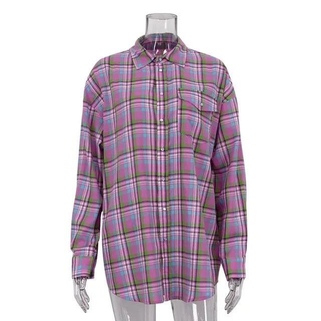 Blusa a cuadros para mujer, color rosa, retro, informal, holgada, de manga larga, para otoño, de algodón
