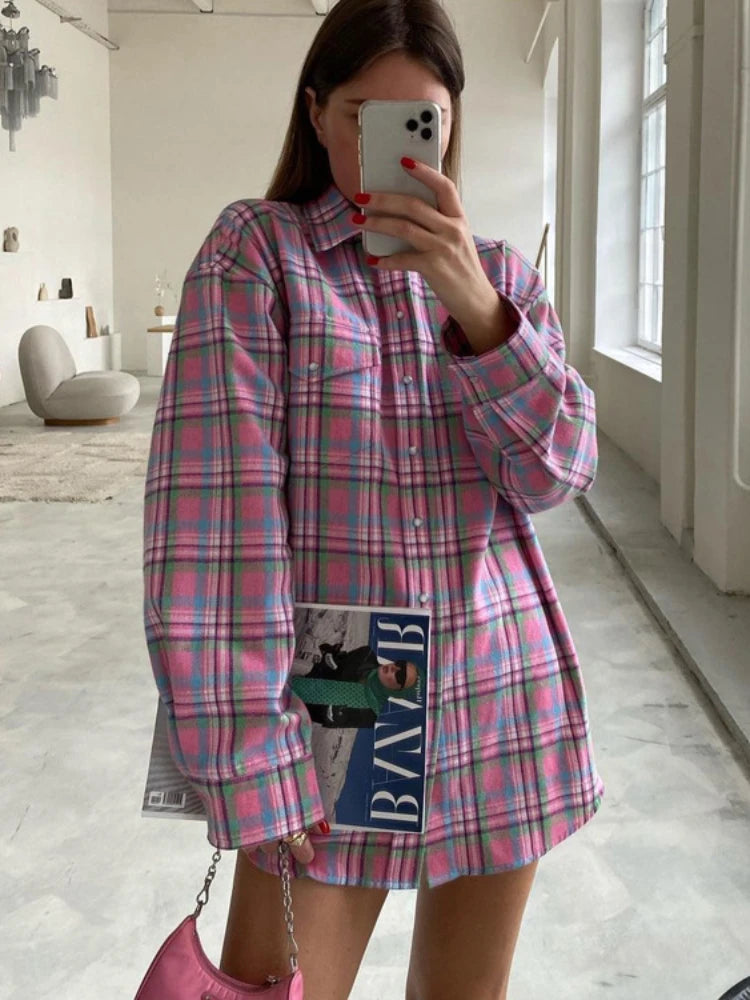 Blusa a cuadros para mujer, color rosa, retro, informal, holgada, de manga larga, para otoño, de algodón