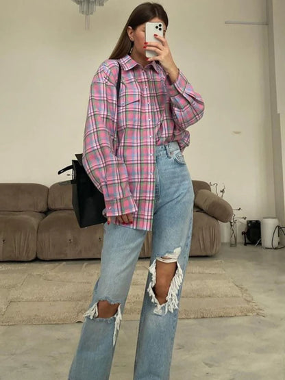 Blusa a cuadros para mujer, color rosa, retro, informal, holgada, de manga larga, para otoño, de algodón