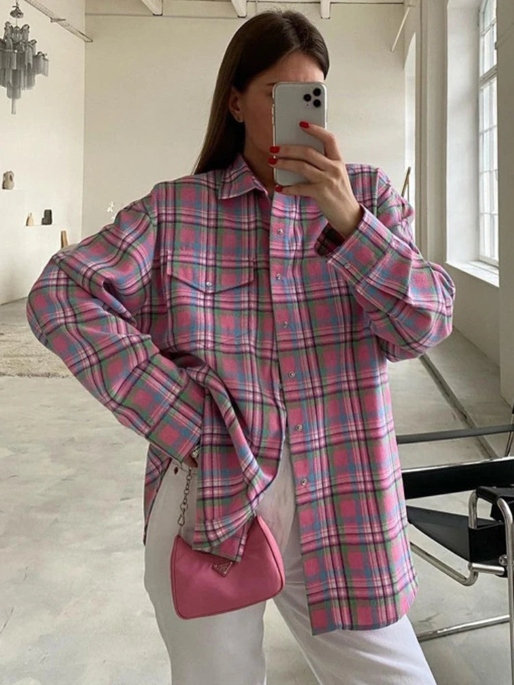 Blusa a cuadros para mujer, color rosa, retro, informal, holgada, de manga larga, para otoño, de algodón