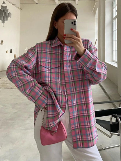 Blusa a cuadros para mujer, color rosa, retro, informal, holgada, de manga larga, para otoño, de algodón