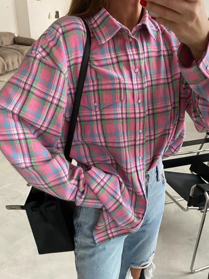 Blusa a cuadros para mujer, color rosa, retro, informal, holgada, de manga larga, para otoño, de algodón