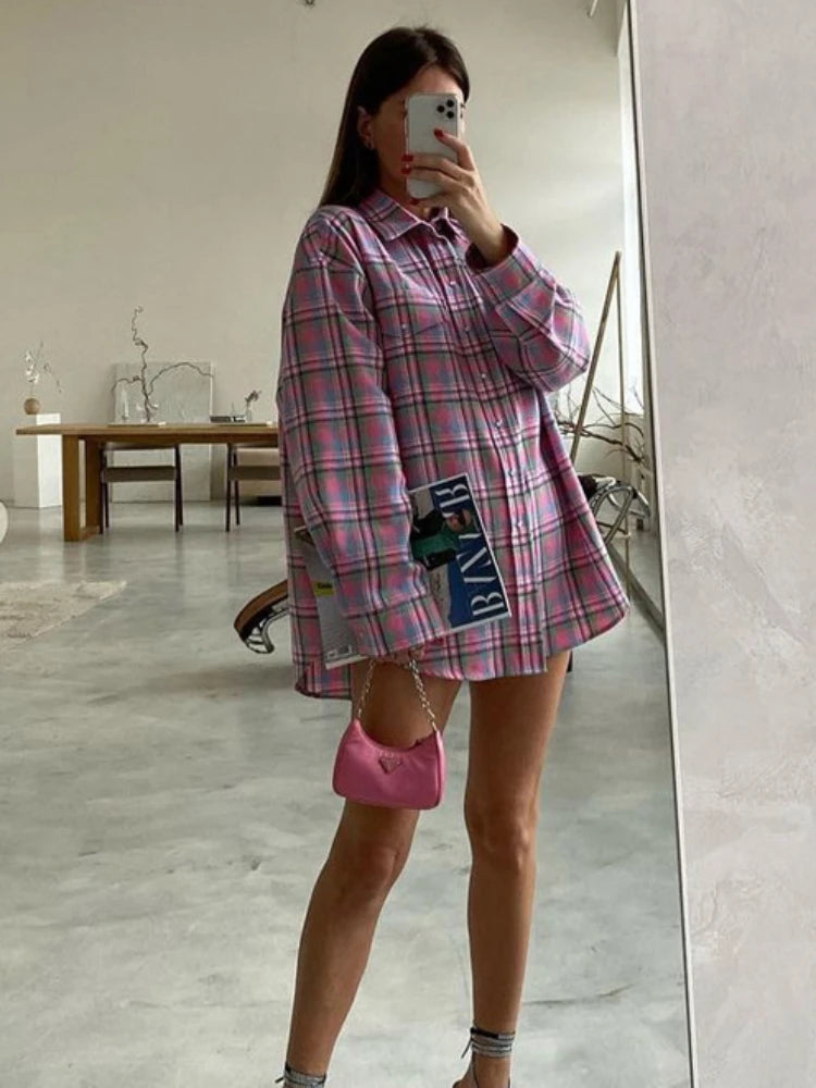 Blusa a cuadros para mujer, color rosa, retro, informal, holgada, de manga larga, para otoño, de algodón