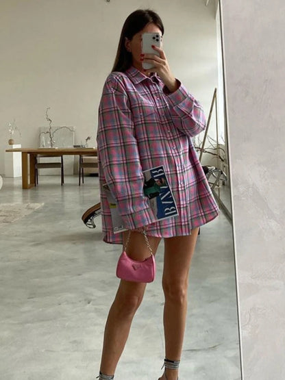 Blusa a cuadros para mujer, color rosa, retro, informal, holgada, de manga larga, para otoño, de algodón