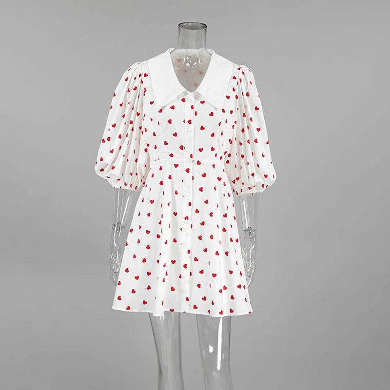 Printed Puff Sleeve Short Dress For Women Lapel Chic Single Breasted Fashion A-Line Patchwork Casual Female Party Dress