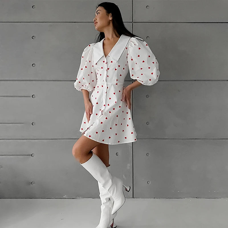 Printed Puff Sleeve Short Dress For Women Lapel Chic Single Breasted Fashion A-Line Patchwork Casual Female Party Dress