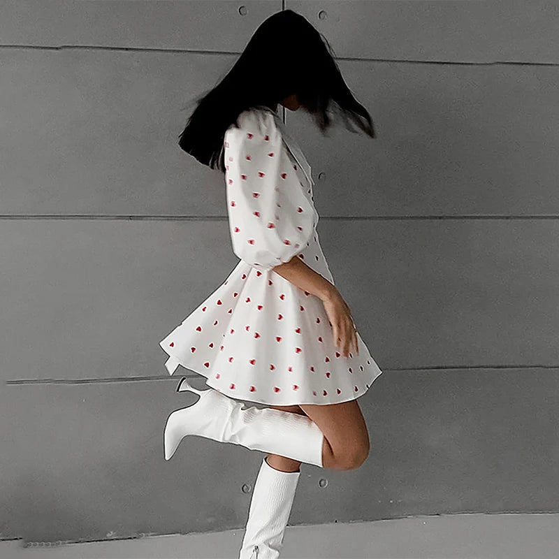Printed Puff Sleeve Short Dress For Women Lapel Chic Single Breasted Fashion A-Line Patchwork Casual Female Party Dress