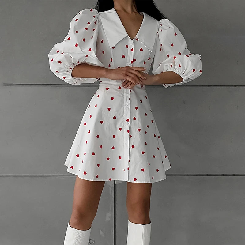 Printed Puff Sleeve Short Dress For Women Lapel Chic Single Breasted Fashion A-Line Patchwork Casual Female Party Dress