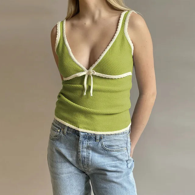 Retro Deep V Neck Crop Top Women Y2k Ruffle Vintage Tank Tops Womens Tie Up Bow Knitted Woman Backless Cute Tops 2025 New