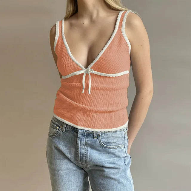 Retro Deep V Neck Crop Top Women Y2k Ruffle Vintage Tank Tops Womens Tie Up Bow Knitted Woman Backless Cute Tops 2025 New