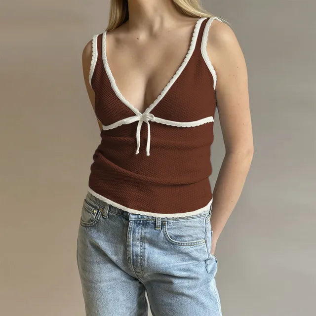 Retro Deep V Neck Crop Top Women Y2k Ruffle Vintage Tank Tops Womens Tie Up Bow Knitted Woman Backless Cute Tops 2025 New