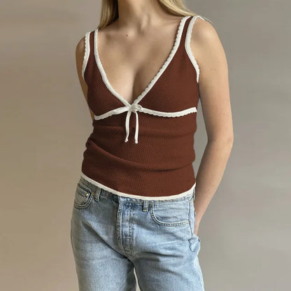 Retro Deep V Neck Crop Top Women Y2k Ruffle Vintage Tank Tops Womens Tie Up Bow Knitted Woman Backless Cute Tops 2025 New