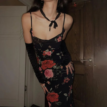 Vestido floral retro para mujer, elegante vestido largo ajustado de verano sin mangas y sin espalda, vestido maxi femenino para fiesta y temperamento.
