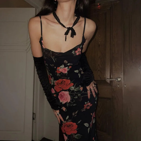 Retro Floral Dress Women Elegant Summer Slim Sleeveless Backless Long Dresses Female Party Temperament Maxi Dress Woman