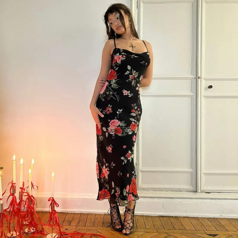 Vestido floral retro para mujer, elegante vestido largo ajustado de verano sin mangas y sin espalda, vestido maxi femenino para fiesta y temperamento.