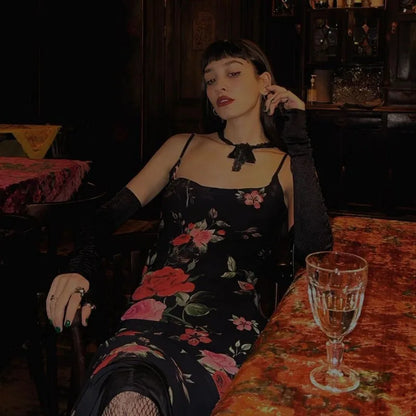 Vestido floral retro para mujer, elegante vestido largo ajustado de verano sin mangas y sin espalda, vestido maxi femenino para fiesta y temperamento.