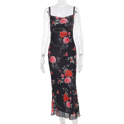 Vestido floral retro para mujer, elegante vestido largo ajustado de verano sin mangas y sin espalda, vestido maxi femenino para fiesta y temperamento.
