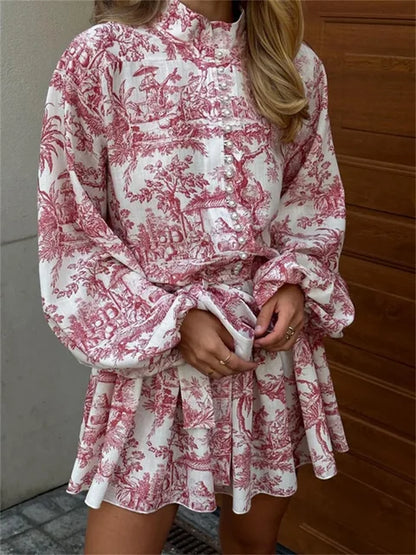 Vestido retro con estampado de pliegues para mujer, elegante vestido con cordones y mangas largas con volantes, vestido de vendaje de moda urbana para mujer