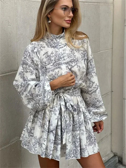 Vestido retro con estampado de pliegues para mujer, elegante vestido con cordones y mangas largas con volantes, vestido de vendaje de moda urbana para mujer