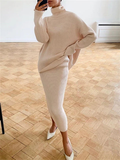 Conjunto de dos piezas de vestido de punto acanalado, top de punto y falda midi para mujer, suéter informal de invierno 2025