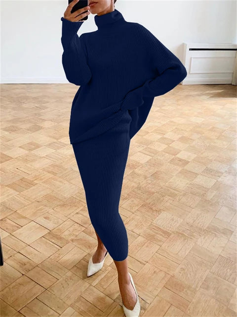 Conjunto de dos piezas de vestido de punto acanalado, top de punto y falda midi para mujer, suéter informal de invierno 2025