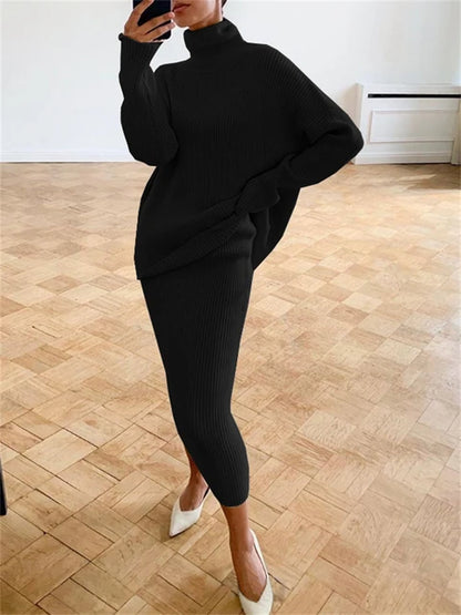 Conjunto de dos piezas de vestido de punto acanalado, top de punto y falda midi para mujer, suéter informal de invierno 2025