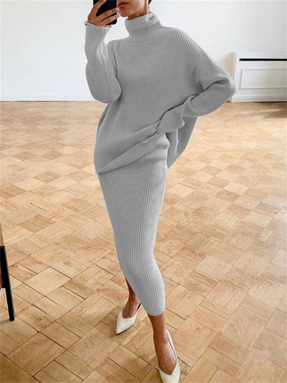 Conjunto de dos piezas de vestido de punto acanalado, top de punto y falda midi para mujer, suéter informal de invierno 2025