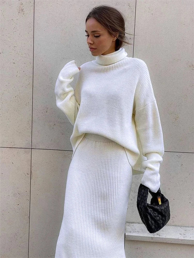 Conjunto de dos piezas de vestido de punto acanalado, top de punto y falda midi para mujer, suéter informal de invierno 2025