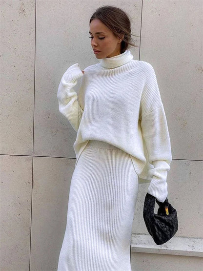 Conjunto de dos piezas de vestido de punto acanalado, top de punto y falda midi para mujer, suéter informal de invierno 2025