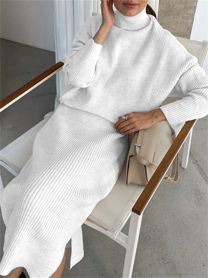 Conjunto de dos piezas de vestido de punto acanalado, top de punto y falda midi para mujer, suéter informal de invierno 2025