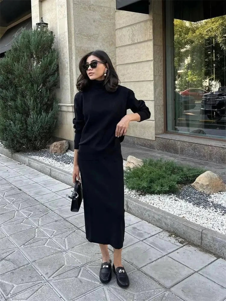 Conjunto de dos piezas de vestido de punto acanalado, top de punto y falda midi para mujer, suéter informal de invierno 2025