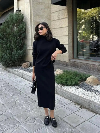 Conjunto de dos piezas de vestido de punto acanalado, top de punto y falda midi para mujer, suéter informal de invierno 2025