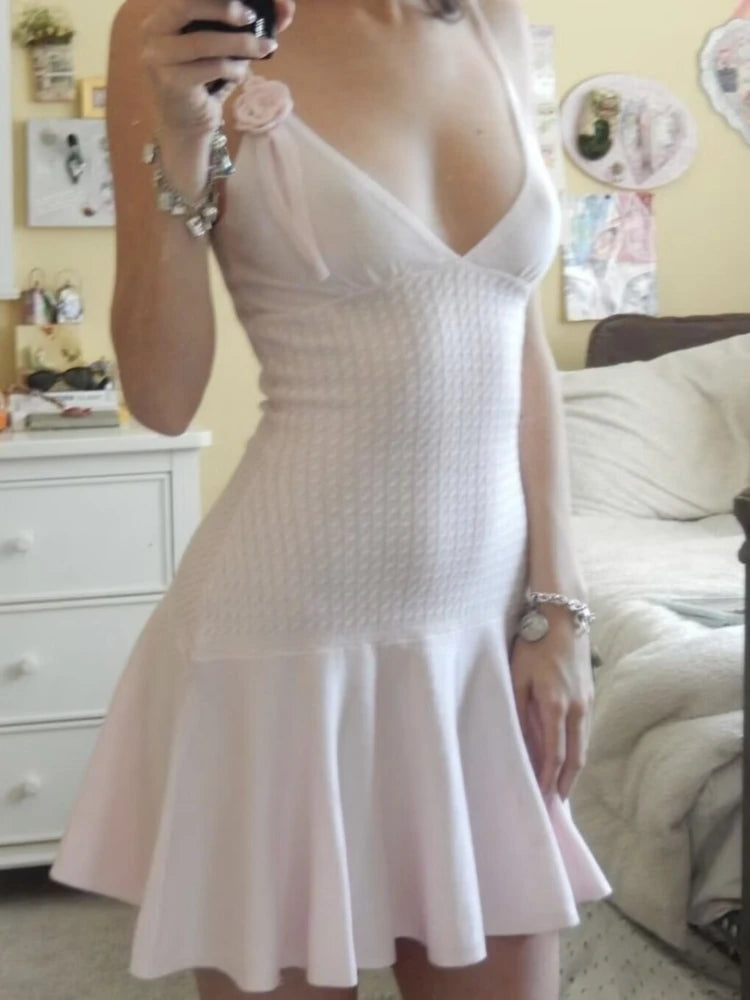 Vestido de punto con volantes para mujer, sin mangas, cuello en V, ajustado, con empalme de flores, vestido de verano para mujer, moda informal Y2k, vestido liso para mujer