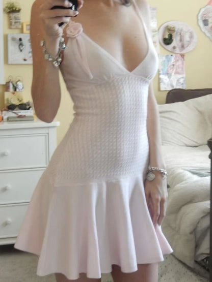 Vestido de punto con volantes para mujer, sin mangas, cuello en V, ajustado, con empalme de flores, vestido de verano para mujer, moda informal Y2k, vestido liso para mujer