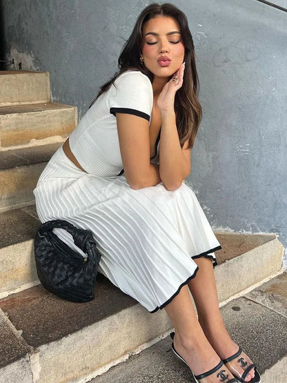 Ruffle Knitted Skirt Sets Women Summer Deep V Neck Crop Tops Female Holiday Elegant Dress Sets 2 Piece Womens Outfits New
